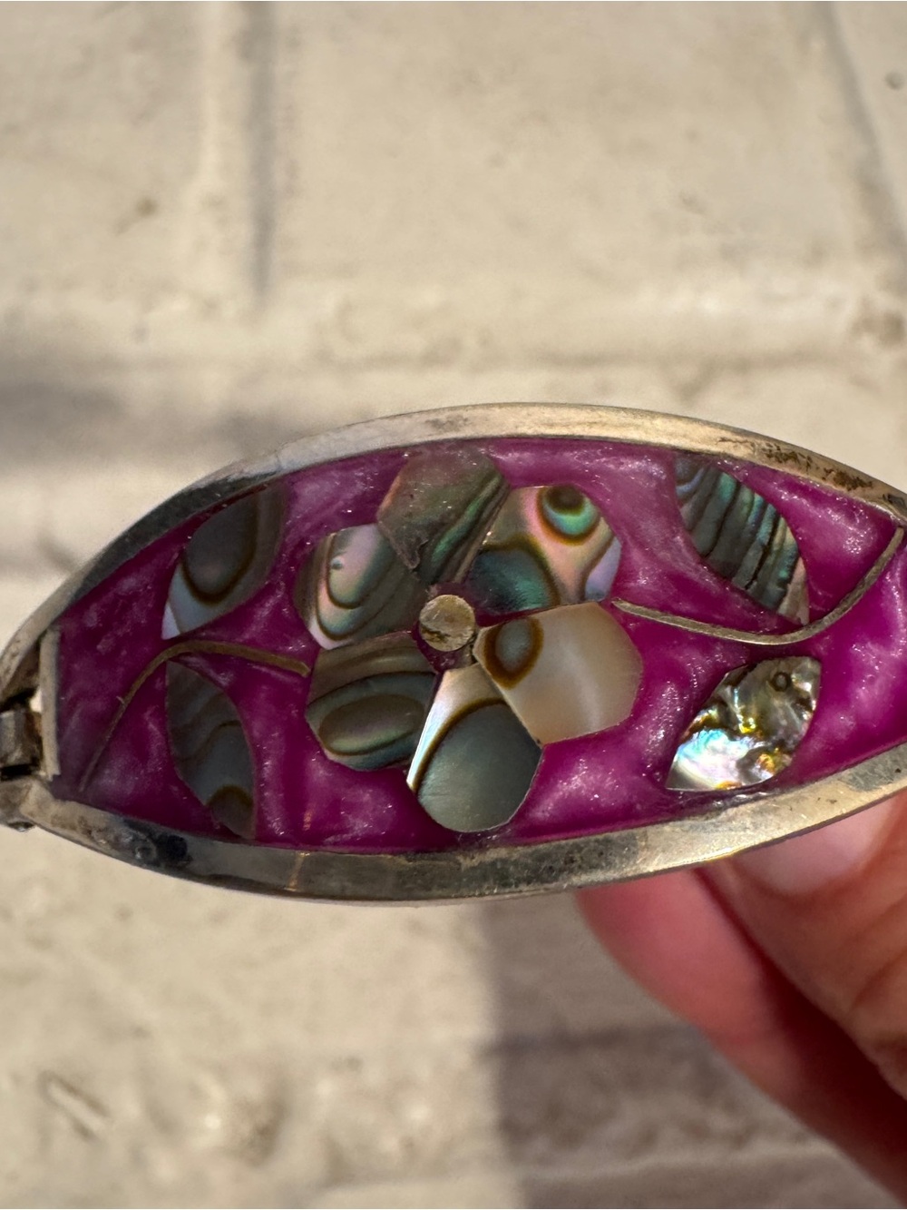 Vintage Alpaca Silver & Pink Magenta Resin Abalone Shell Hinged Bracelet
